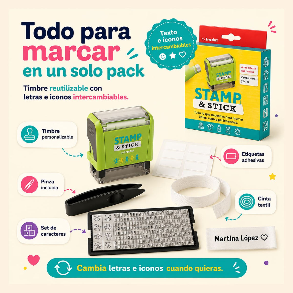 Stamp & Stick Pack para marcar útiles y ropa